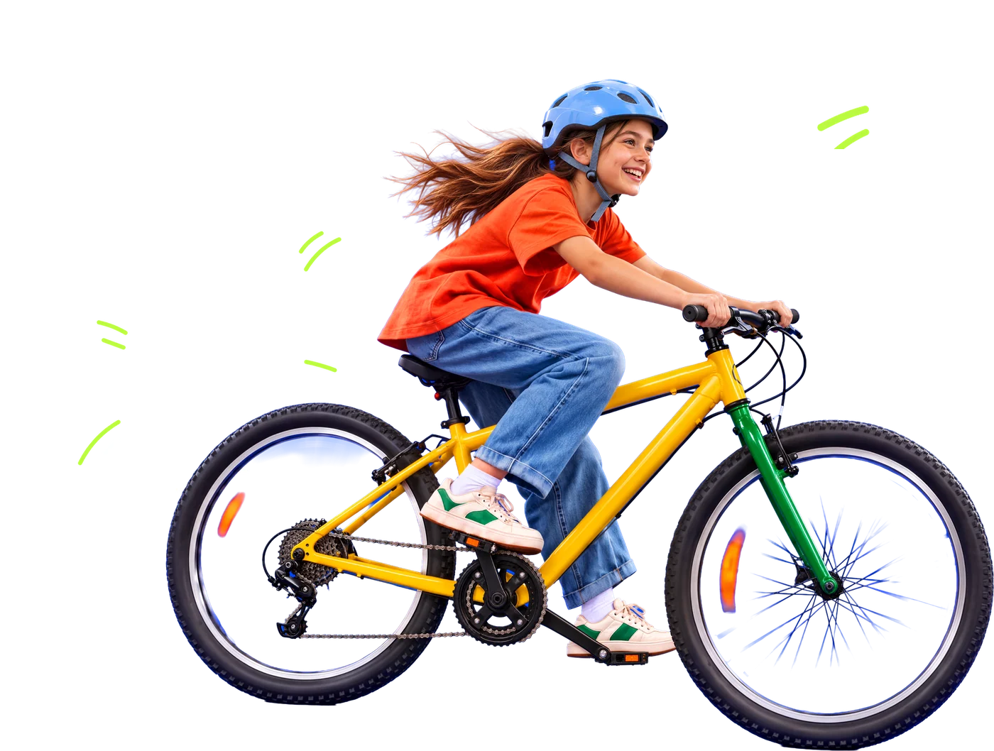 Fetiță cu cască pe o bicicletă galbenă, cu Arcul de Triumf desenat în fundal